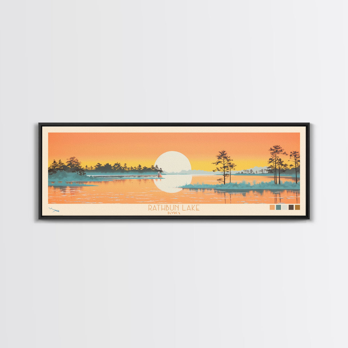 Rathbun Lake, Iowa Framed Canvas Print, Home Decor, Midcentury Modern, Panoramic Wall Art, Travel Poster, Pop Art