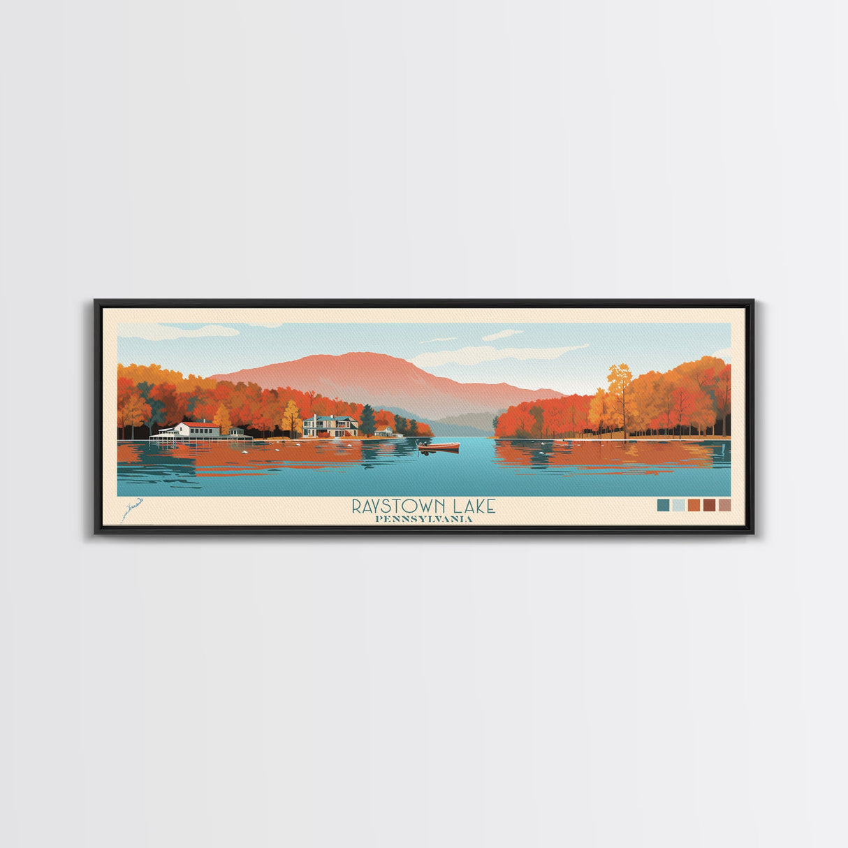 Raystown Lake, Pennsylvania Framed Canvas Print, Living Room Art, Midcentury Modern, Panoramic Travel Poster, Wall Art, Pop Art