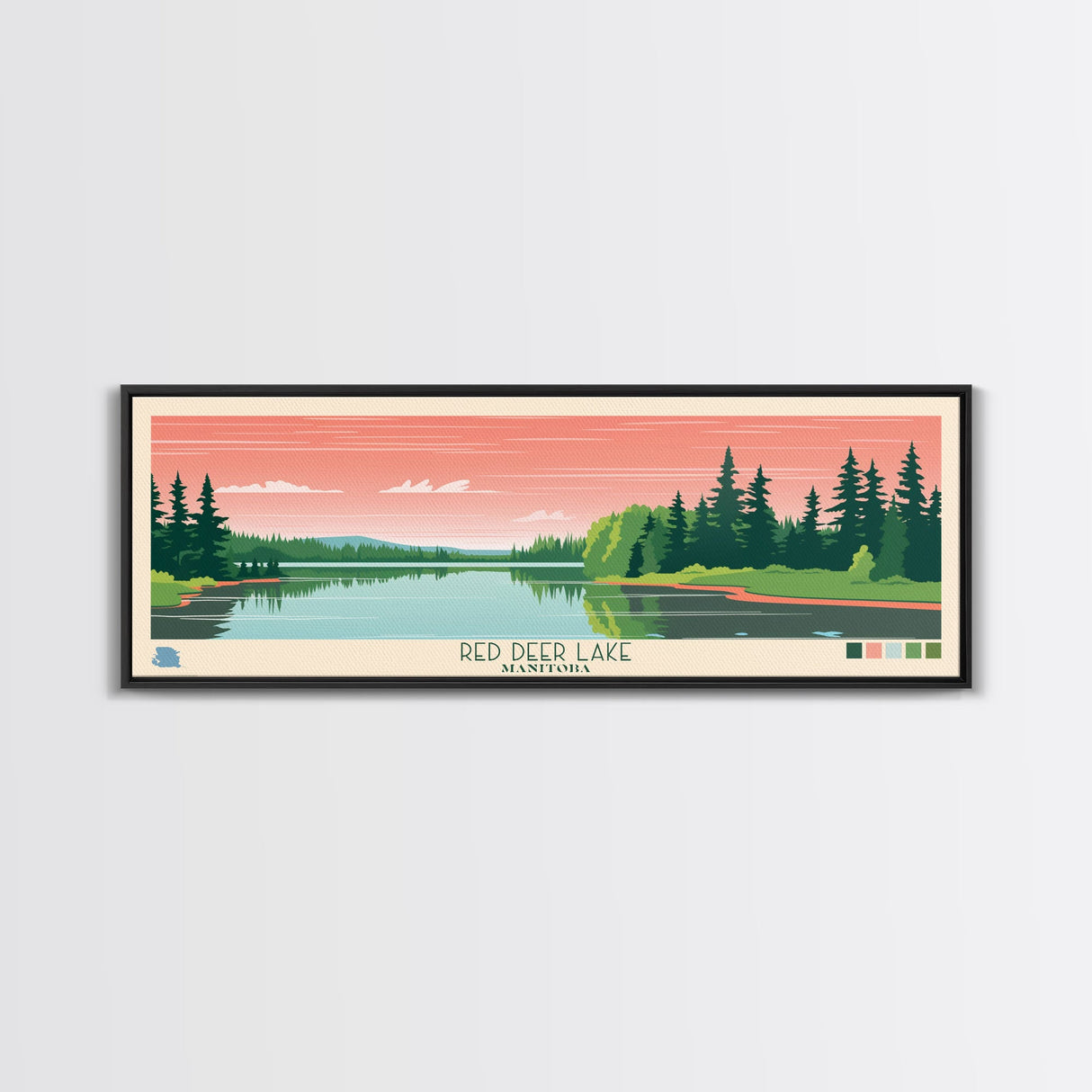 Red Deer Lake, Manitoba Framed Canvas Print, Panoramic Travel Poster, Midcentury Modern Art, Wall Decor, Pop Art, Home Decoration