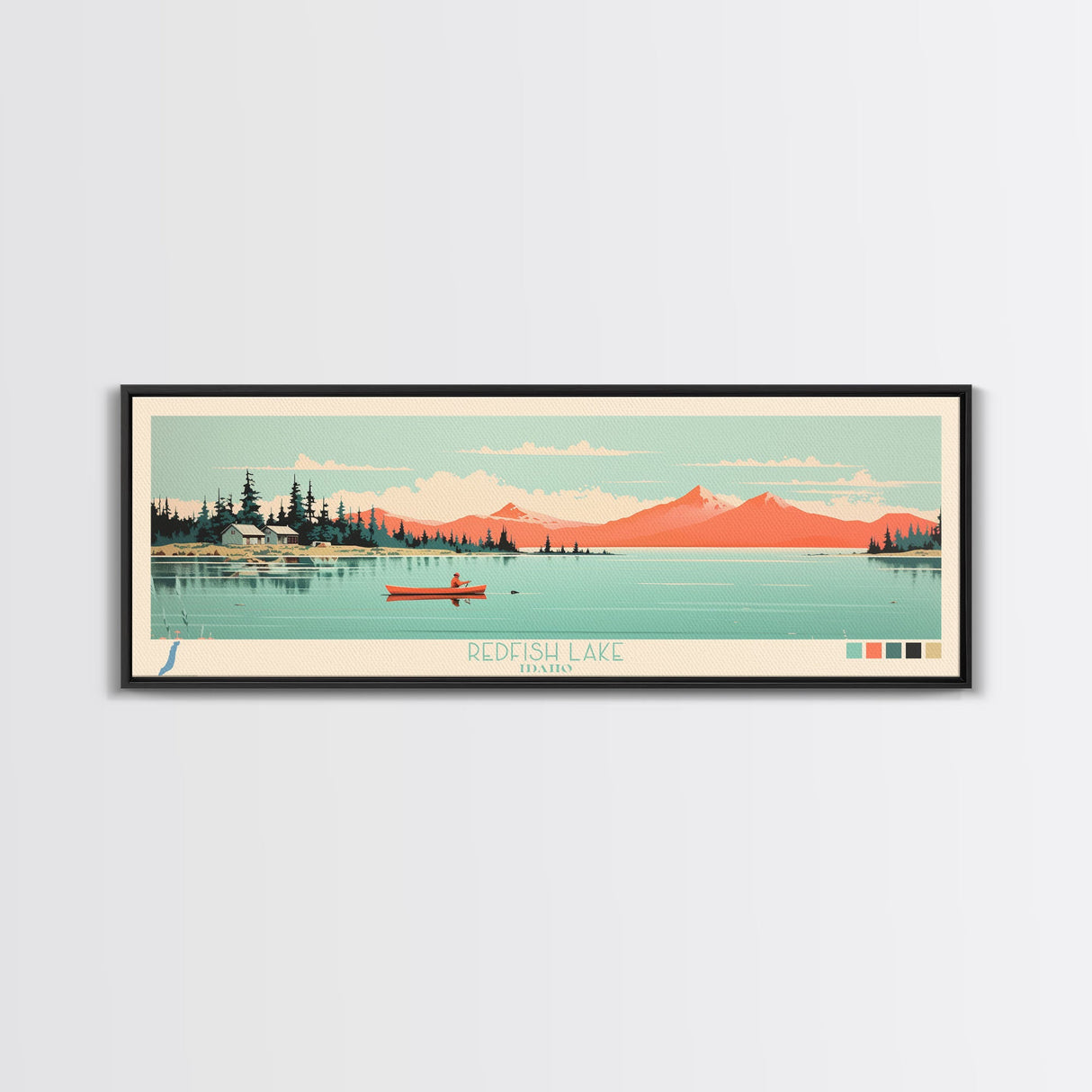 Redfish Lake, Idaho Framed Canvas Print, Panoramic Wall Art, Midcentury Modern Decor, Living Room Art, Pop Art, Travel Poster