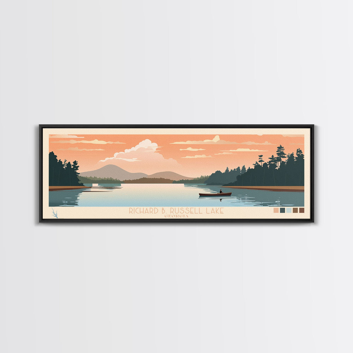 Richard B. Russell Lake, Georgia Framed Canvas Print, Panoramic Travel Poster, Midcentury Modern Art, Living Room Decor, Pop Art, Wall Art