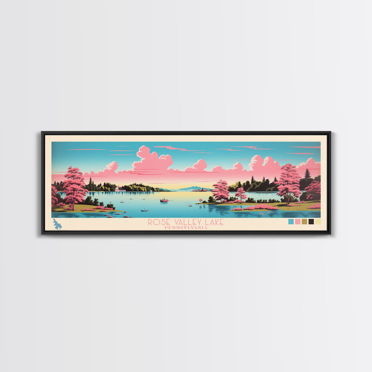 Rose Valley Lake, Pennsylvania Framed Canvas Print, Panoramic Travel Poster, Midcentury Modern Art, Bedroom Decor, Pop Art, Wall Art