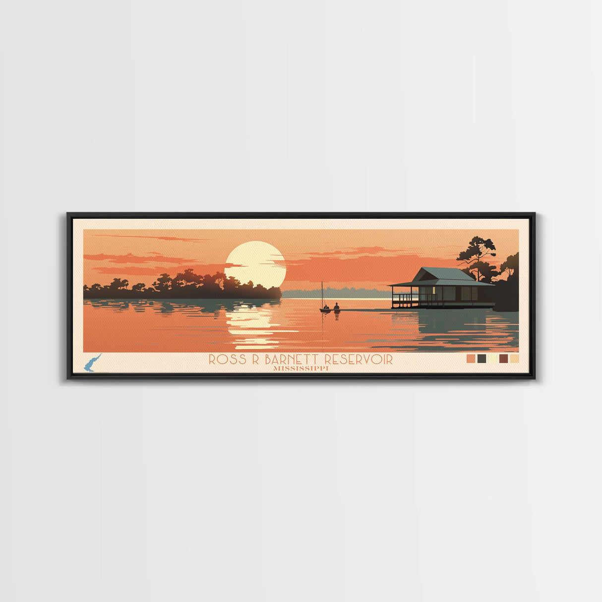 Ross R. Barnett Reservoir, Mississippi Framed Canvas Print, Panoramic Travel Poster, Midcentury Modern Art, Home Decoration, Pop Art, Wall Art