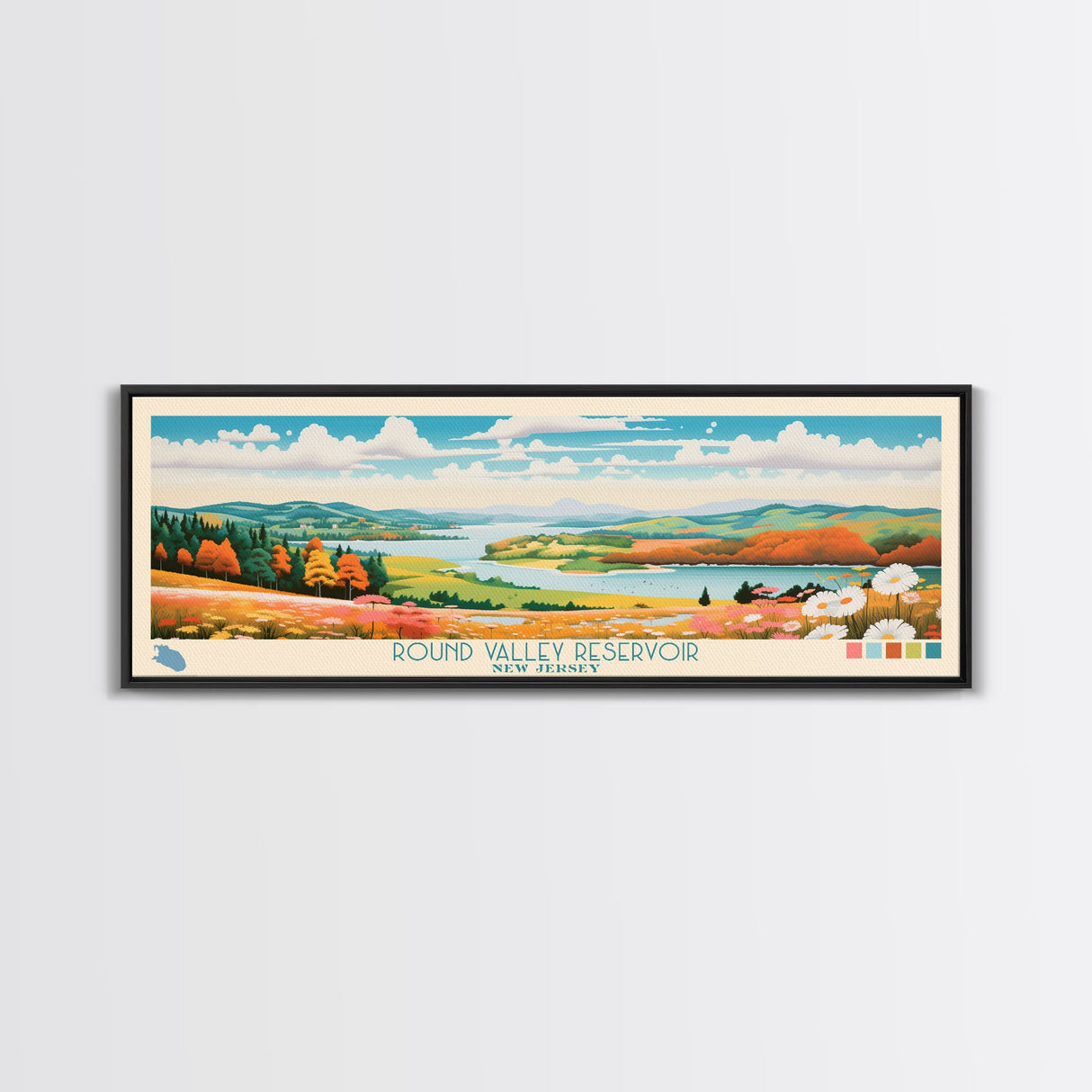 Round Valley Reservoir, New Jersey Framed Canvas Print, Panoramic Travel Poster, Midcentury Modern Art, Home Decor, Pop Art, Wall Decoration