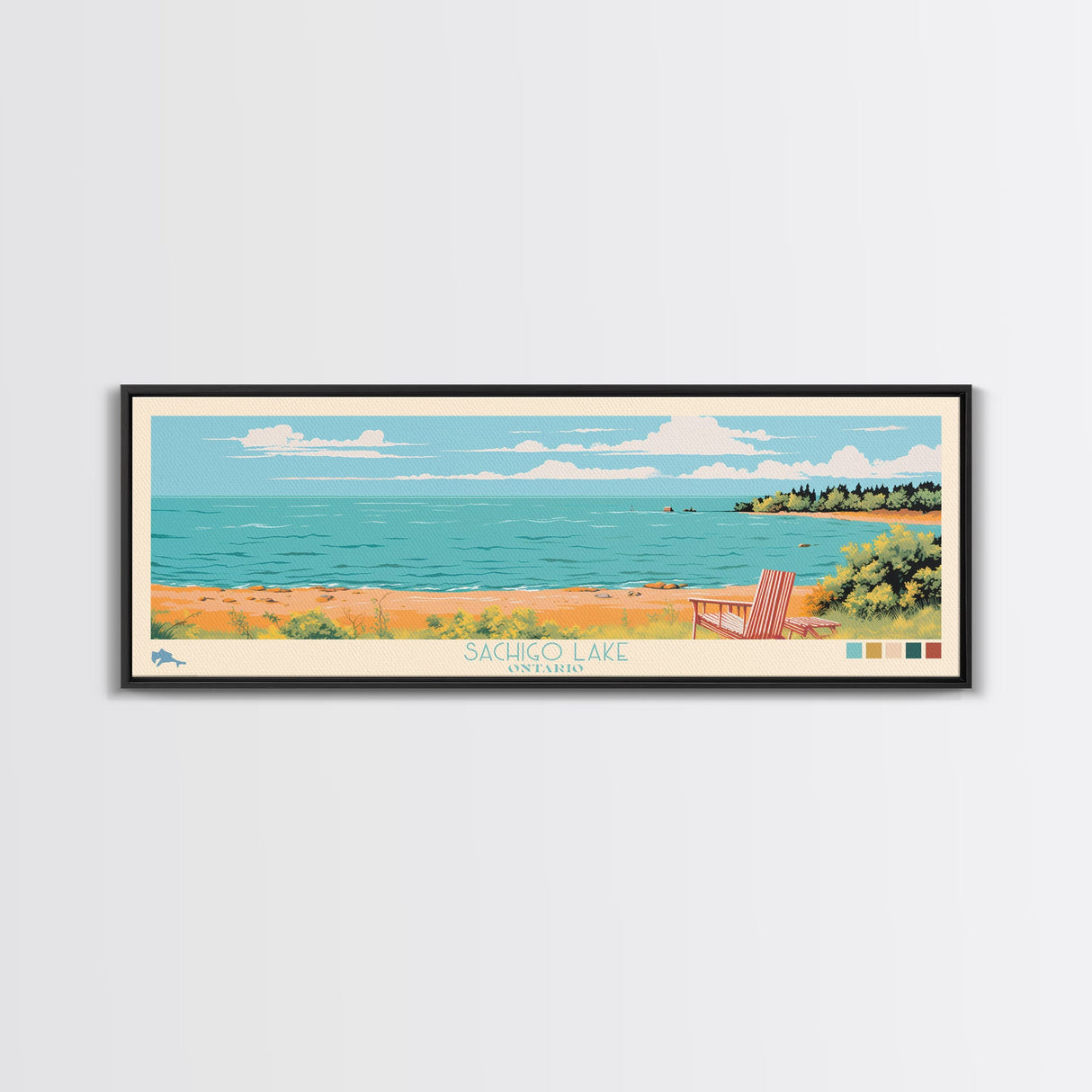 Sachigo Lake, Ontario Framed Canvas Print, Panoramic Wall Art, Midcentury Modern Decor, Living Room Art, Pop Art, Travel Poster