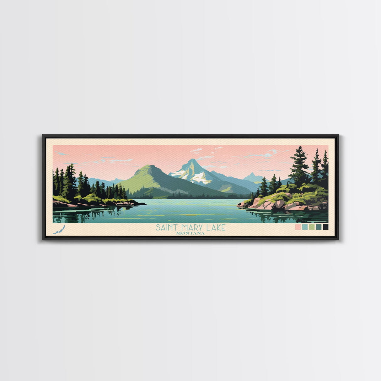 Saint Mary Lake, Montana Framed Canvas Print, Panoramic Travel Poster, Midcentury Modern Art, Bedroom Decor, Pop Art, Wall Art