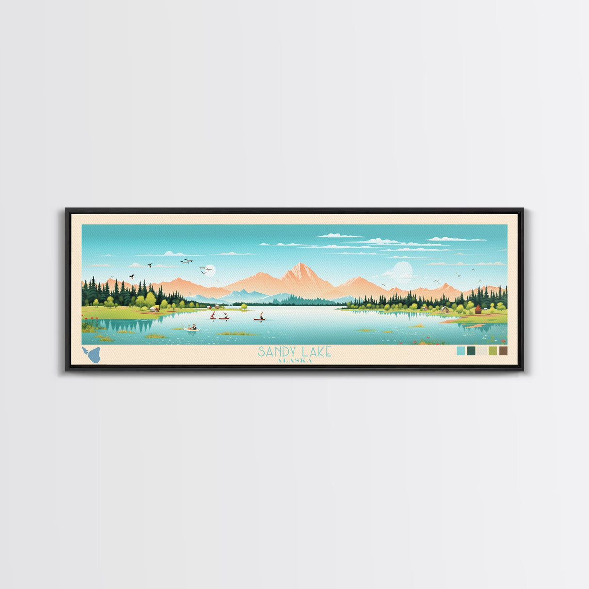 Sandy Lake, Alaska Framed Canvas Print, Panoramic Travel Poster, Midcentury Modern Art, Living Room Decor, Pop Art, Wall Art