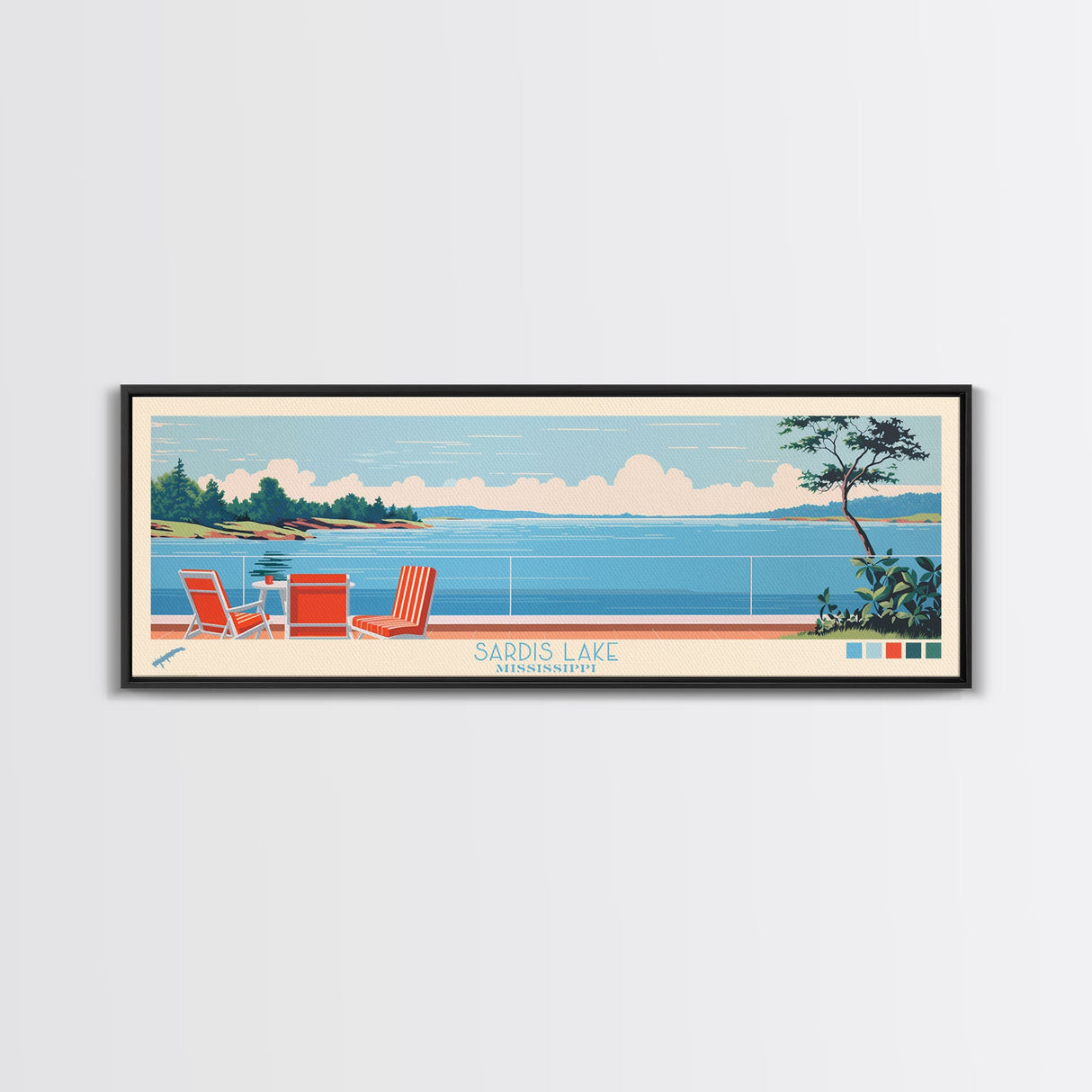 Sardis Lake, Mississippi Framed Canvas Print, Panoramic Wall Art, Midcentury Modern Decor, Bedroom Art, Pop Art, Travel Poster