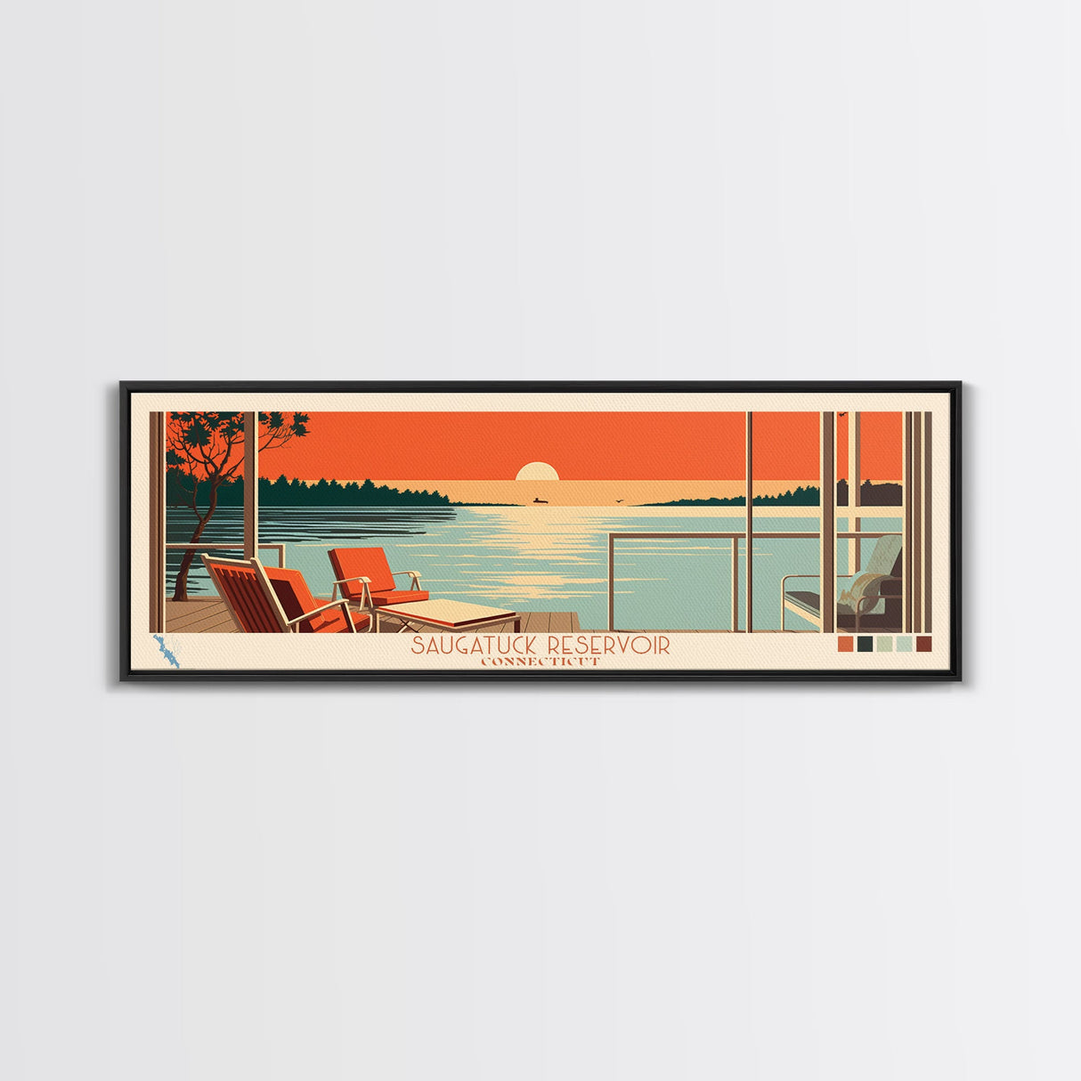 Saugatuck Reservoir, Connecticut Framed Canvas Print, Panoramic Travel Poster, Midcentury Modern Art, Home Decor, Pop Art, Wall Decoration