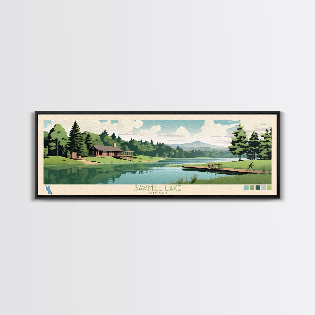 Sawmill Lake, Indiana Framed Canvas Print, Panoramic Wall Art, Midcentury Modern Decor, Pop Art, Living Room Art, Travel Poster