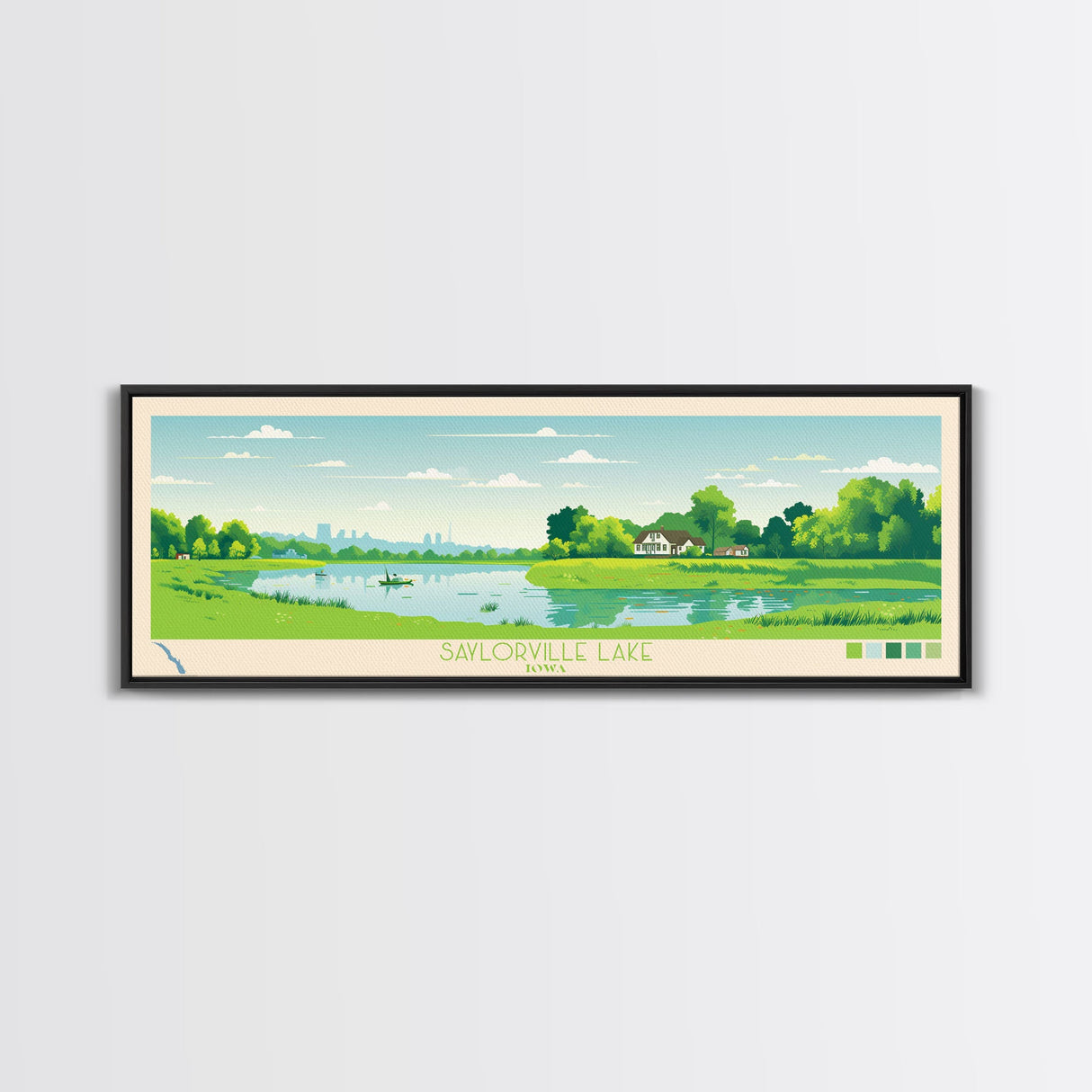 Saylorville Lake, Iowa Framed Canvas Print, Panoramic Travel Poster, Midcentury Modern Art, Home Decor, Pop Art, Bedroom Decoration