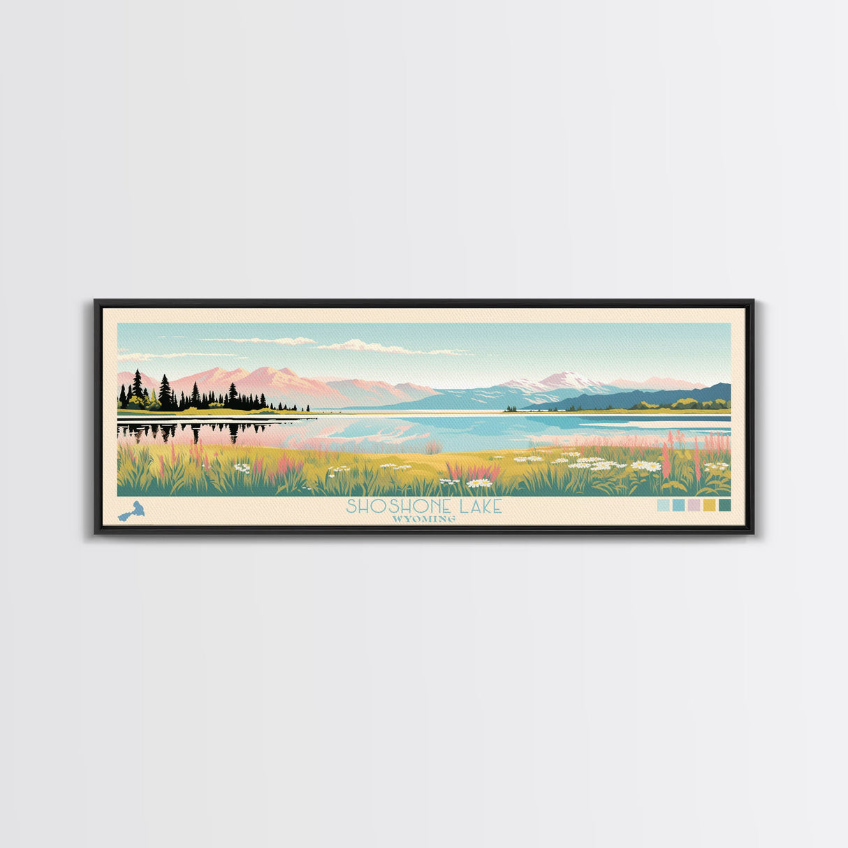 Shoshone Lake, Wyoming Framed Canvas Print, Panoramic Wall Art, Midcentury Modern Decor, Pop Art, Bedroom Decoration, Travel Poster