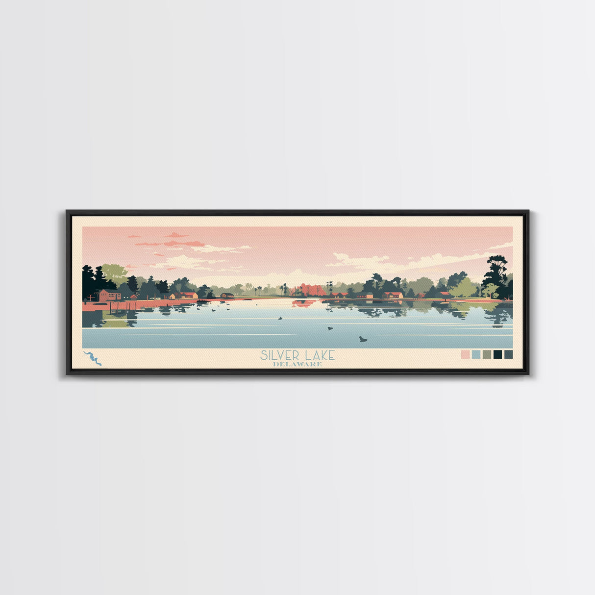 Silver Lake, Delaware Framed Canvas Print, Panoramic Wall Art, Midcentury Modern Decor, Pop Art, Travel Poster, Home Decoration