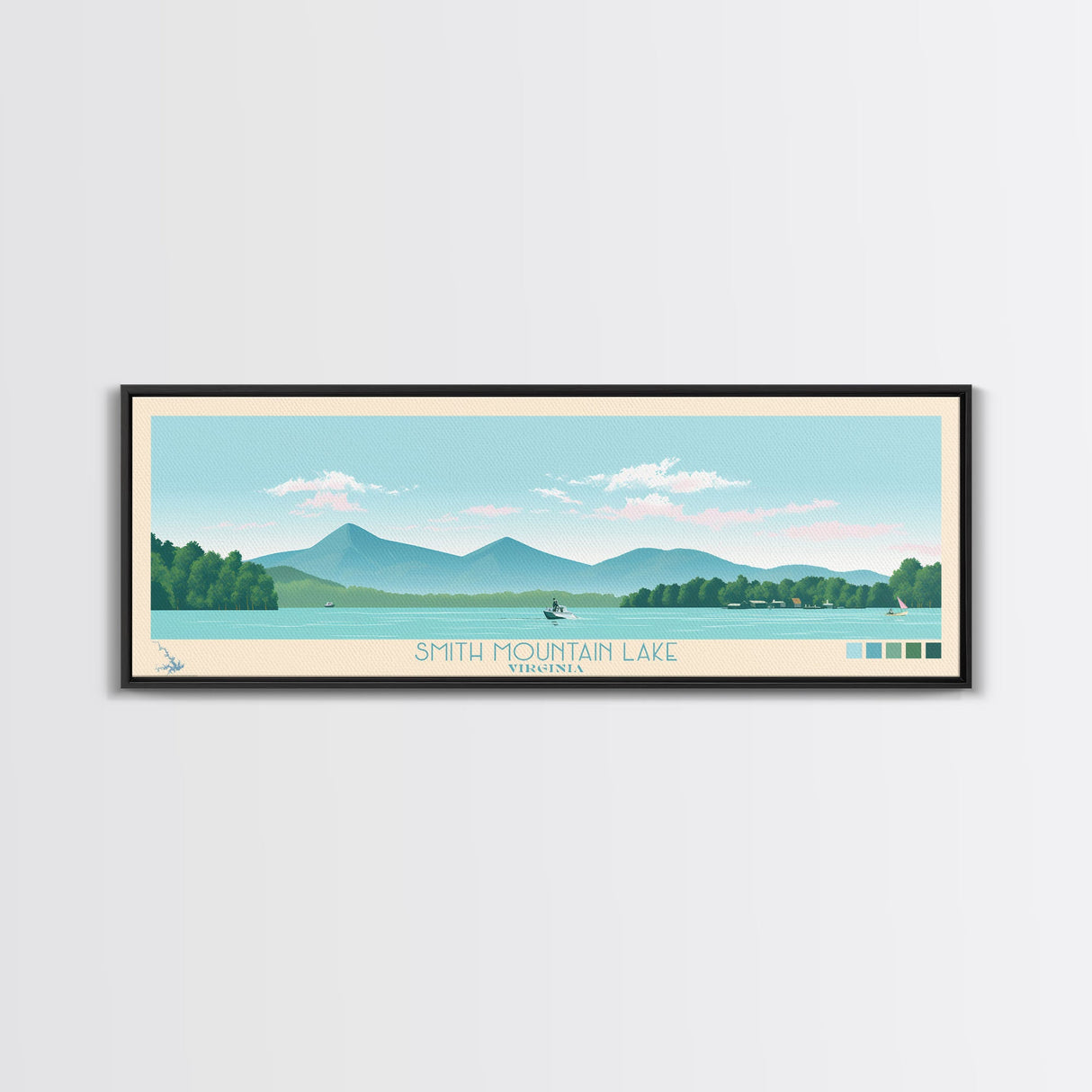 Smith Mountain Lake, Virginia Framed Canvas Print, Lake House Decor, Midcentury Modern Art, Pop Art, Travel Poster, Bedroom Wall Art