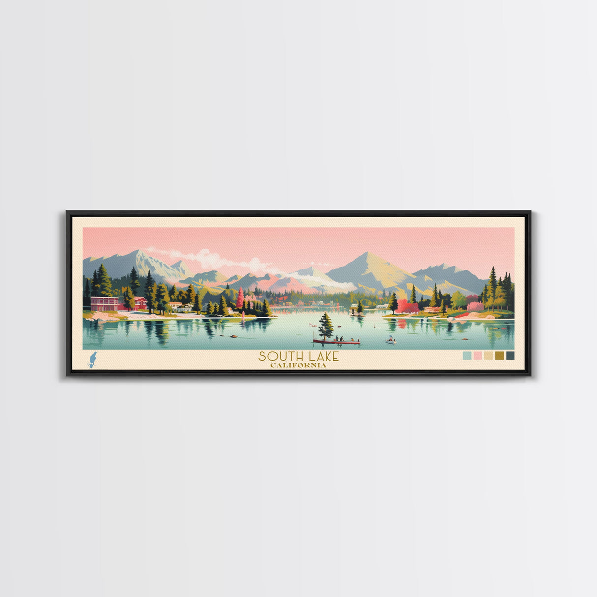 South Lake, California Framed Canvas Print, Lake House Decor, Midcentury Modern Art, Pop Art, Travel Poster, Bedroom Wall Art