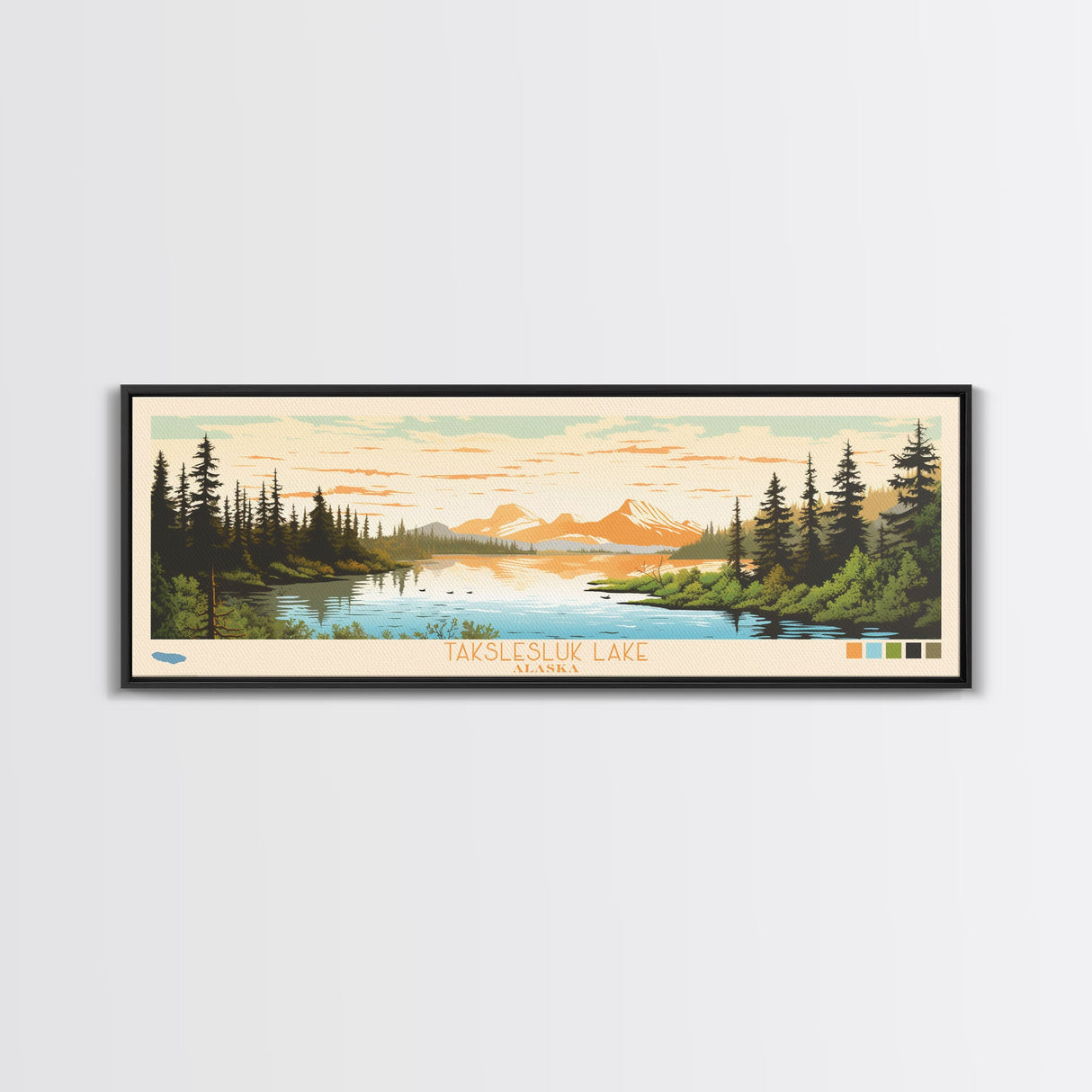 Takslesluk Lake, Alaska Framed Canvas Print, Lake House Decor, Midcentury Modern Art, Pop Art, Travel Poster, Bedroom Wall Art