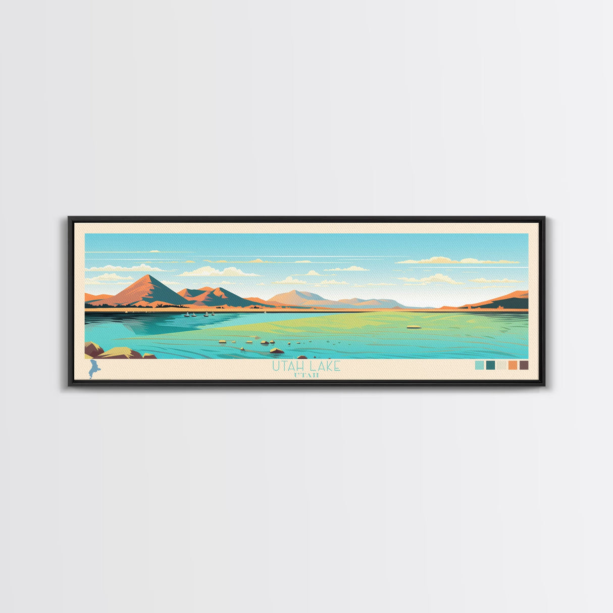 Utah Lake, Utah Framed Canvas Print, Panoramic Lake House Decor, Midcentury Modern Art, Pop Art, Travel Poster, Bedroom Wall Art