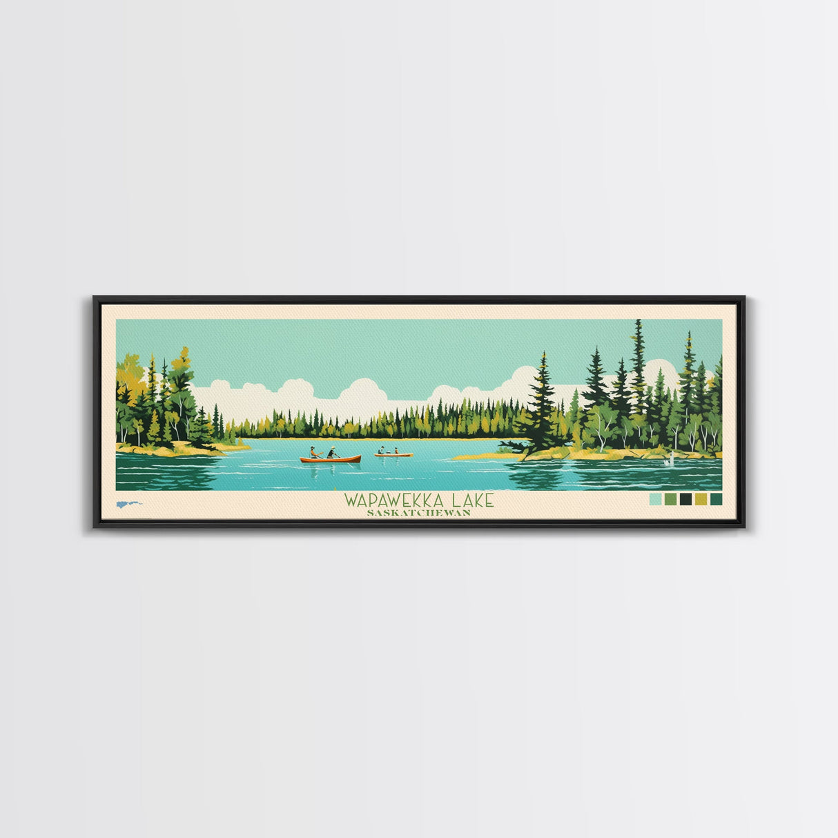 Wapawekka Lake, Saskatchewan Framed Canvas Print, Panoramic Lake House Decor, Midcentury Modern Art, Pop Art, Travel Poster, Bedroom Wall Art