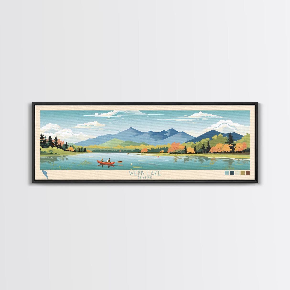 Webb Lake, Maine Framed Canvas Print, Midcentury Modern Lake House Decor, Panoramic Art, Pop Art, Travel Poster, Living Room Wall Art