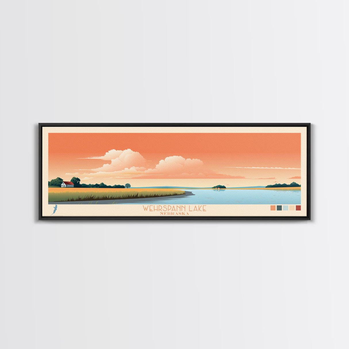 Wehrspann Lake, Nebraska Panoramic Framed Canvas Print, Midcentury Modern Art, Lake House Decor, Pop Art, Travel Poster, Bedroom Wall Art