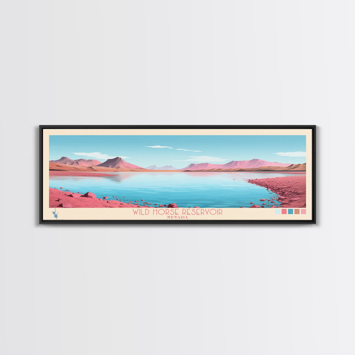 Wild Horse Reservoir, Nevada Panoramic Framed Canvas Print, Lake House Art, Midcentury Modern Decor, Pop Art, Travel Poster, Bedroom Wall Art