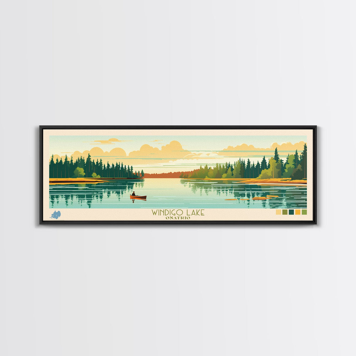 Windigo Lake, Ontario Panoramic Framed Canvas Print, Lake House Decor, Midcentury Modern Art, Pop Art, Travel Poster