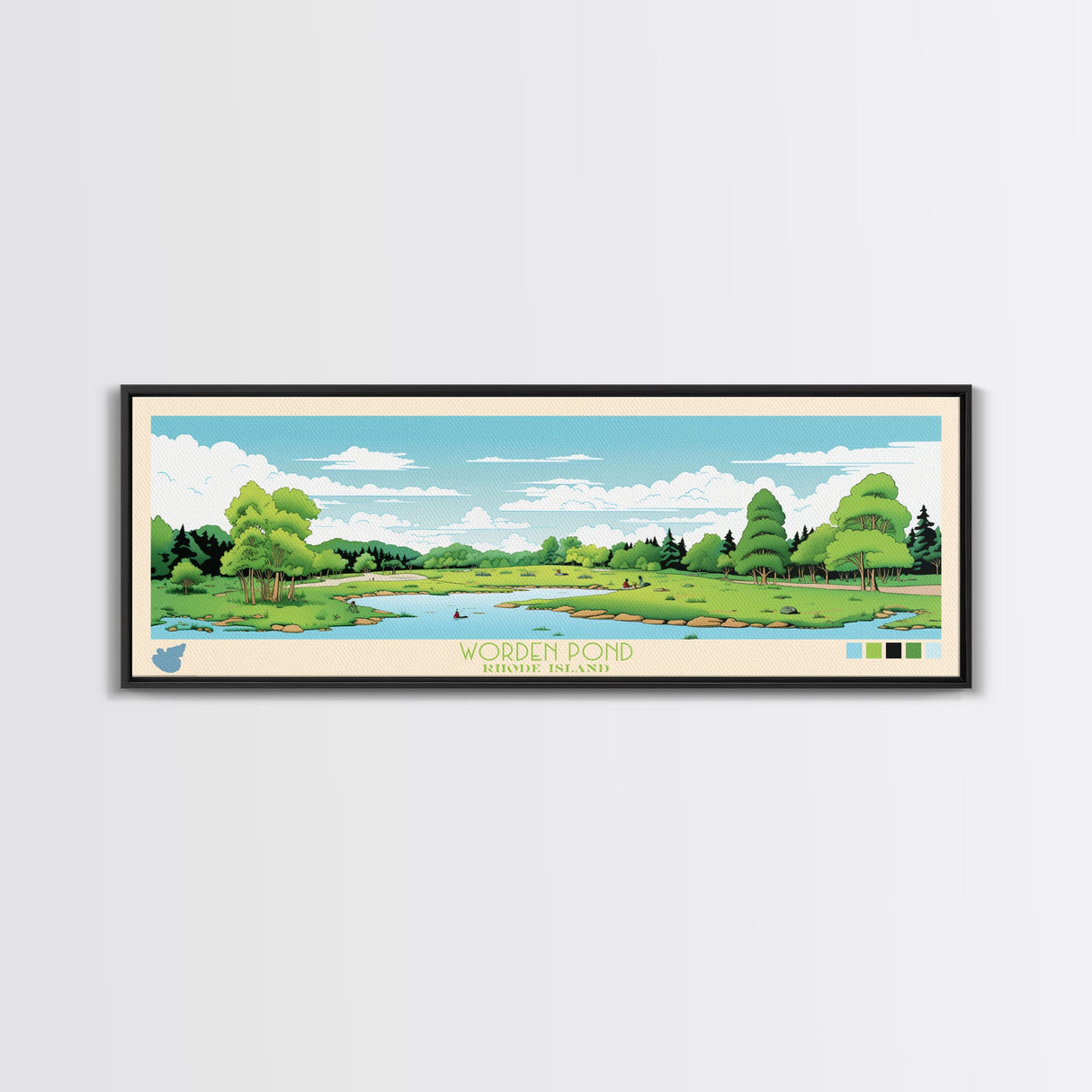 Worden Pond, Rhode Island Framed Canvas Print, Panoramic Lake House Decor, Midcentury Modern Art, Pop Art, Travel Poster