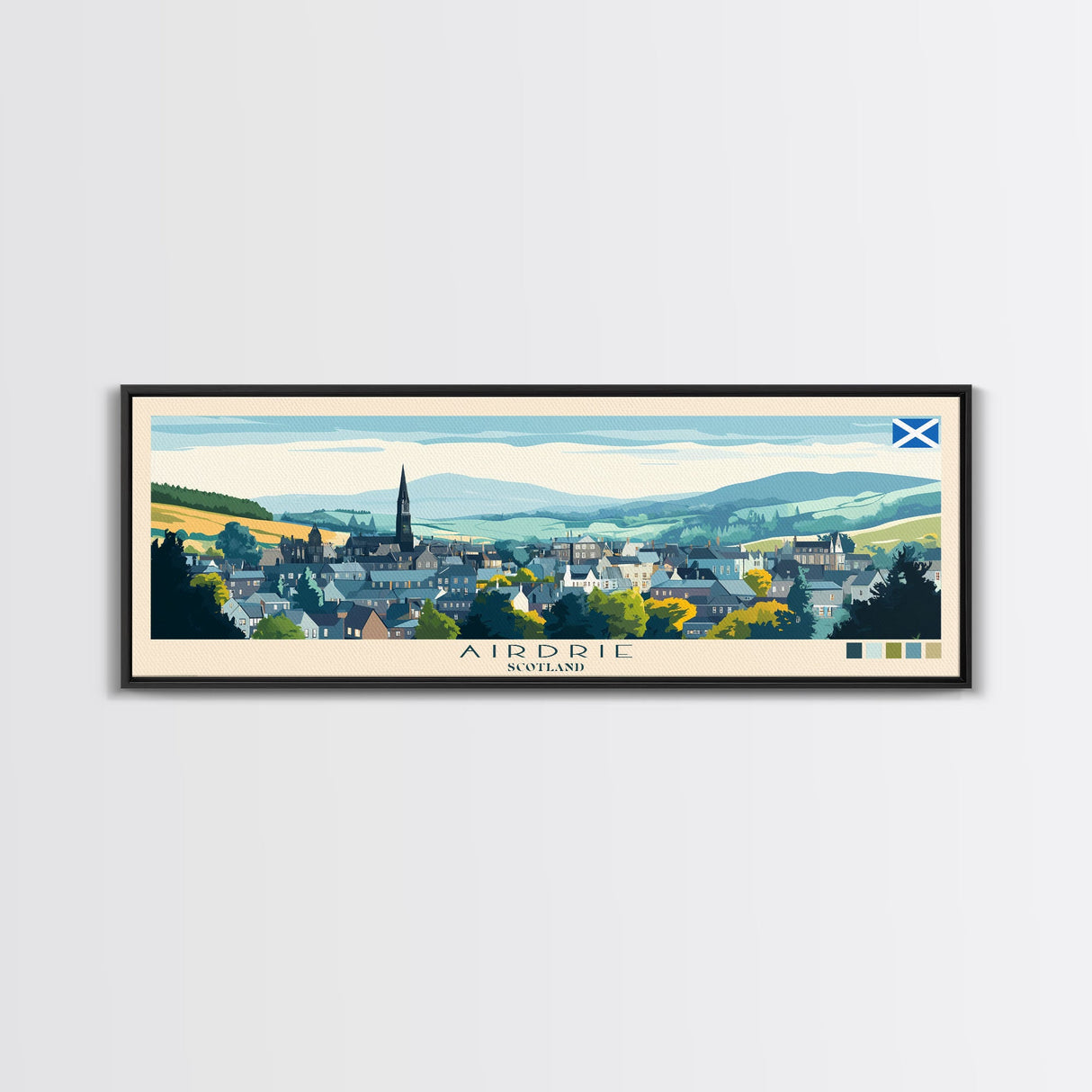 Airdrie, Scotland Travel Poster Panoramic Canvas Print, Airdrie, Scotland Painting, Scotland Art, Airdrie Travel Art, Guest Room Painting