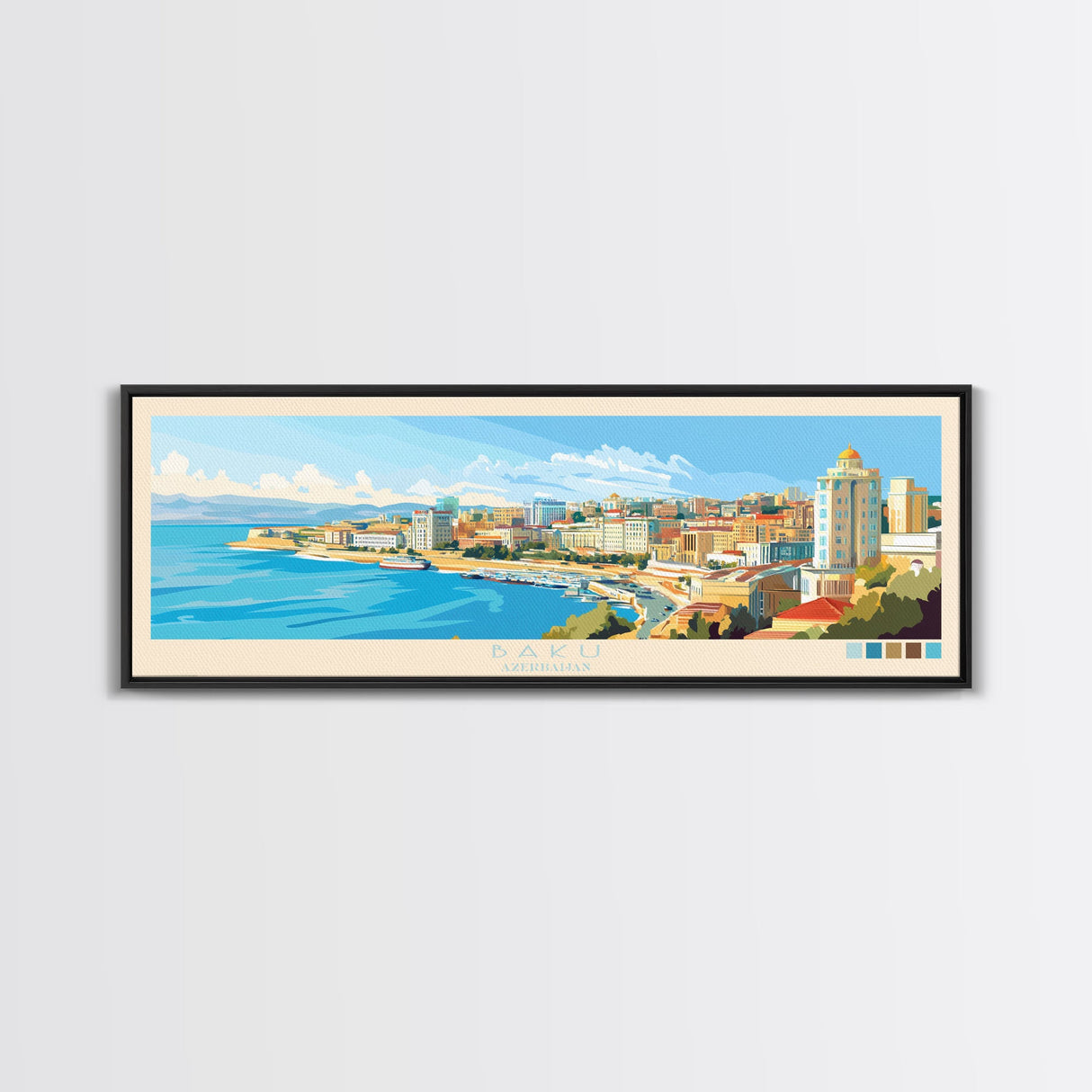 Baku, Azerbaijan Panoramic Travel Poster Canvas Print, Baku, Azerbaijan Painting, Azerbaijan Art, Baku Travel Art, Guest Room Painting