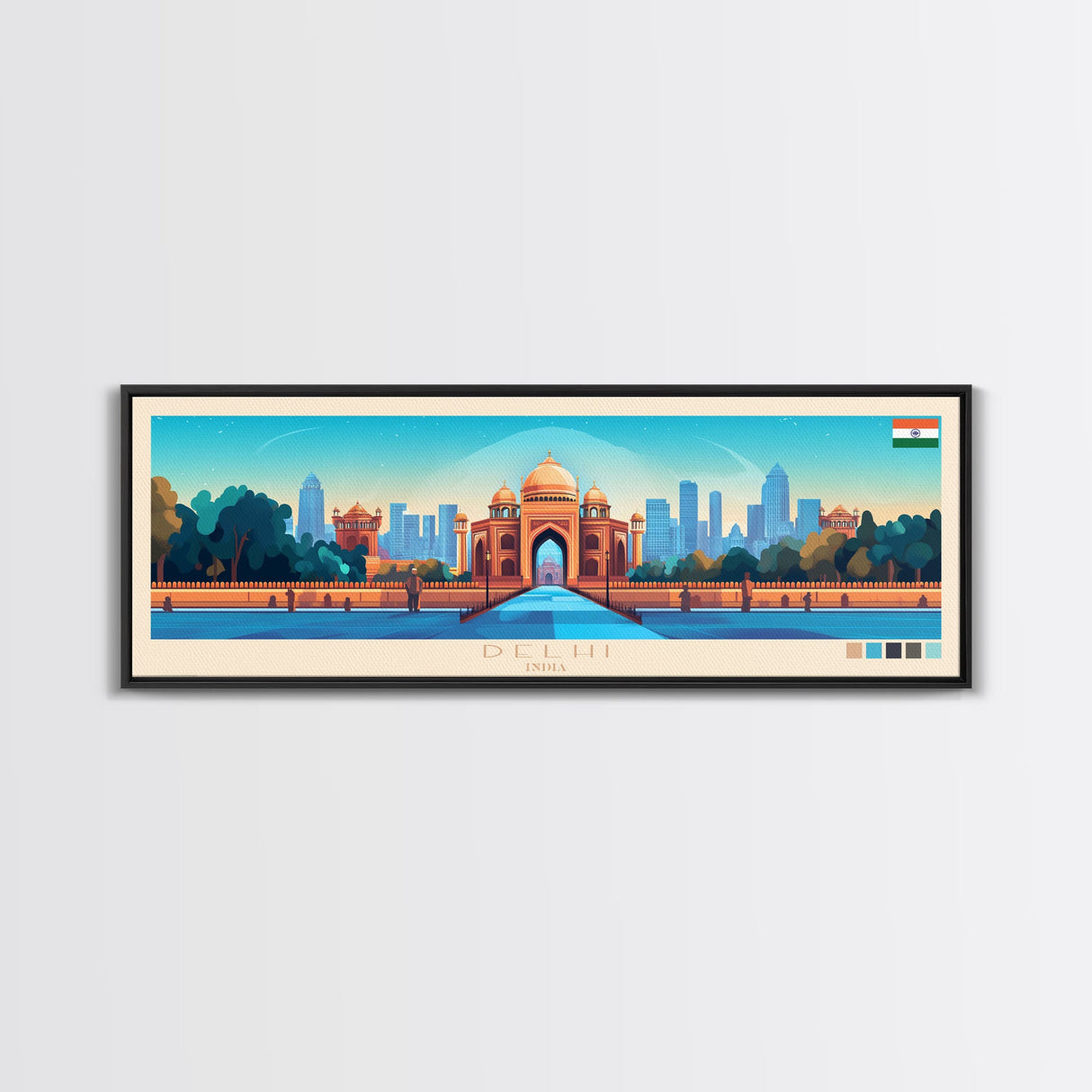 Delhi, India Travel Poster Panoramic Canvas Print, Delhi, India Painting, India Art, Delhi Travel Art, Guest Room Painting