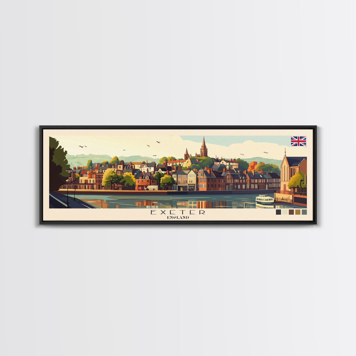 Panoramic Travel Poster Exeter, England Canvas Print, Exeter, England Painting, England Art, Exeter Travel Art, Guest Room Painting