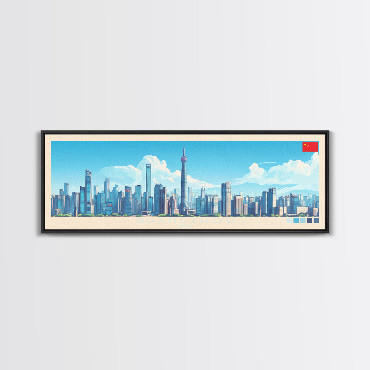 Guangzhou, China Panoramic Travel Poster Canvas Print, Guangzhou, China Painting, China Art, Guangzhou Travel Art, Guest Room Painting