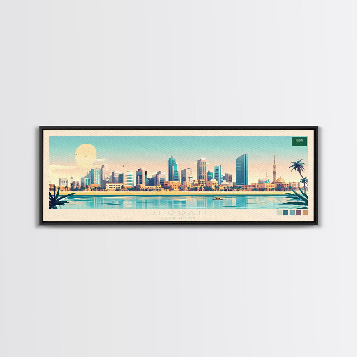 Jeddah, Saudi Arabia Panoramic Travel Poster Canvas Print, Jeddah, Saudi Arabia Painting, Saudi Arabia Art, Jeddah Panoramic Travel Art, Travel Painting