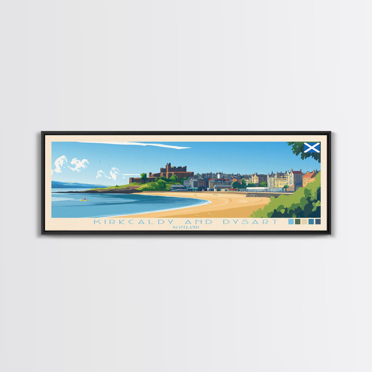 Kirkcaldy and Dysart, Scotland Travel Poster Panoramic Canvas Print, Kirkcaldy and Dysart, Scotland Painting, Scotland Art, Kirkcaldy and Dysart Travel Art, Guest Room Painting