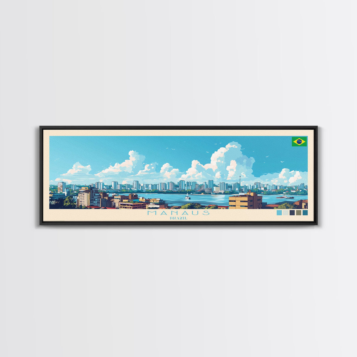 Manaus, Brazil Panoramic Travel Poster Canvas Print, Manaus, Brazil Painting, Brazil Art, Manaus Panoramic Travel Art, Travel Painting