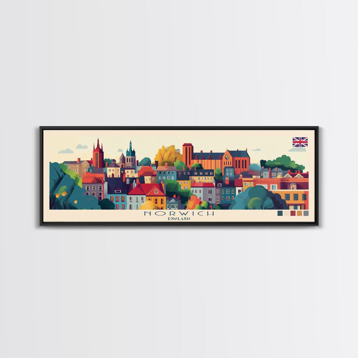 Panoramic Travel Poster Norwich, England Canvas Print, Norwich, England Painting, England Art, Norwich Travel Art, Guest Room Painting