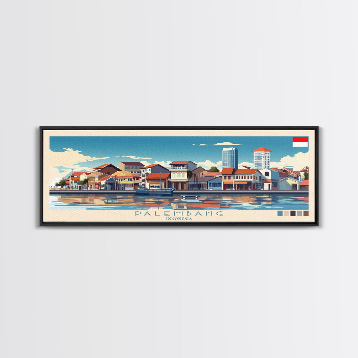 Palembang, Indonesia Panoramic Travel Poster Canvas Print, Palembang, Indonesia Painting, Indonesia Art, Palembang Travel Art, Guest Room Painting