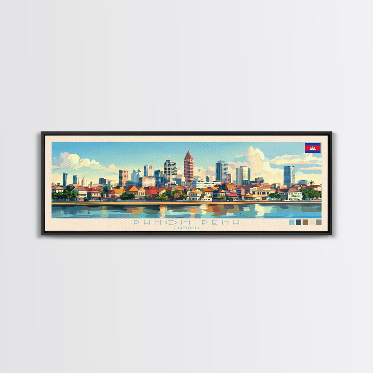 Phnom Penh, Cambodia Panoramic Travel Poster Canvas Print, Phnom Penh, Cambodia Painting, Cambodia Art, Phnom Penh Travel Art, Guest Room Painting