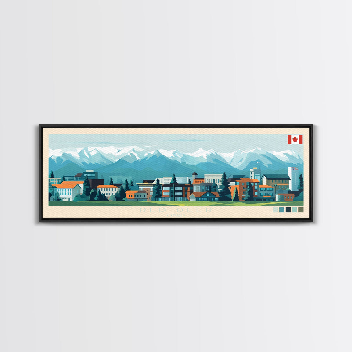 Red Deer, Canada Travel Poster Panoramic Canvas Print, Red Deer, Canada Painting, Canada Art, Red Deer Travel Art, Guest Room Painting