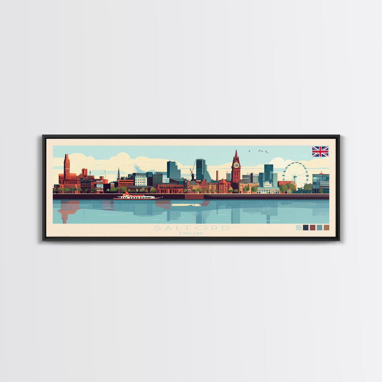 Salford, England Panoramic Travel Poster Canvas Print, Salford, England Painting, England Art, Salford Travel Art, Guest Room Painting