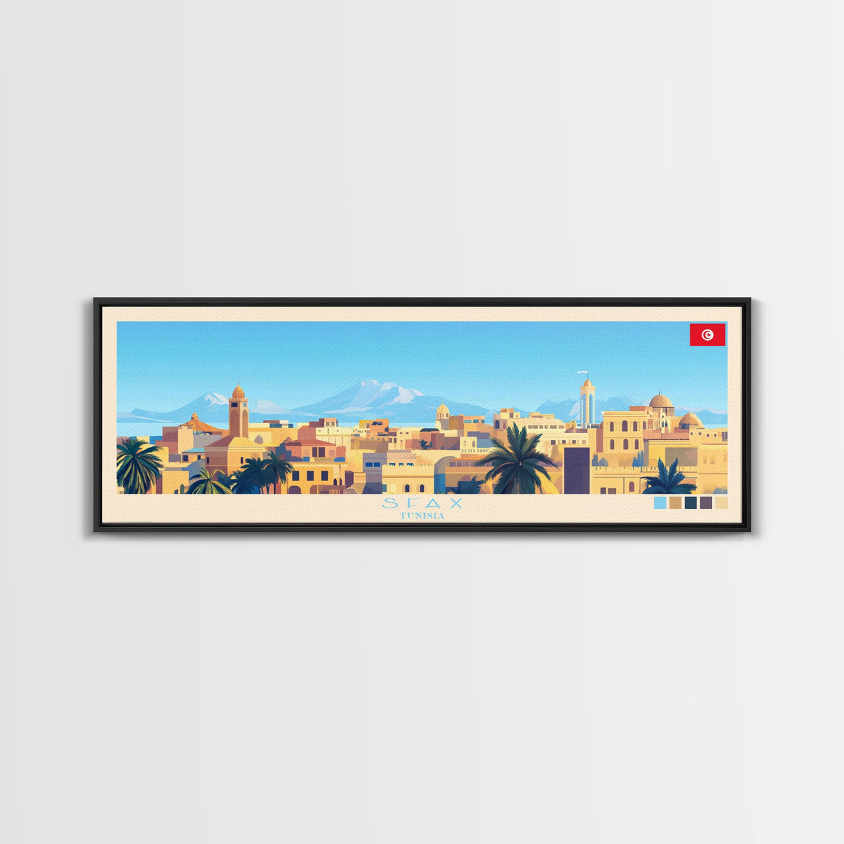 Sfax, Tunisia Panoramic Travel Poster Canvas Print, Sfax, Tunisia Painting, Tunisia Art, Sfax Travel Art, Living Room Painting