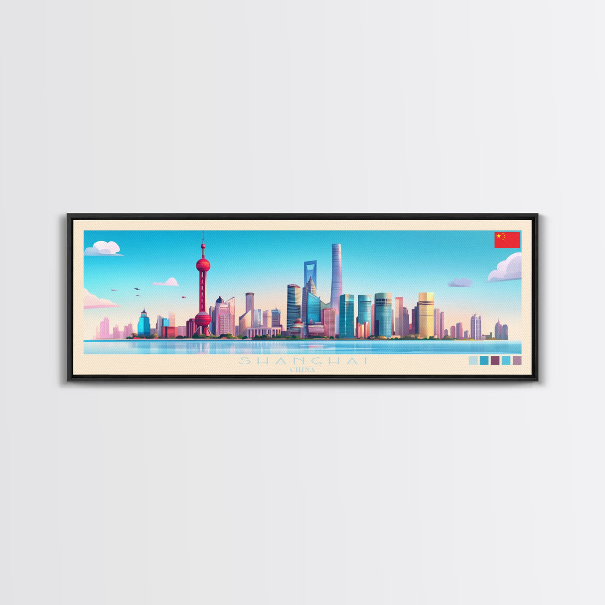 Shanghai, China Travel Poster Panoramic Canvas Print, Shanghai, China Painting, China Art, Shanghai Travel Art, Guest Room Painting