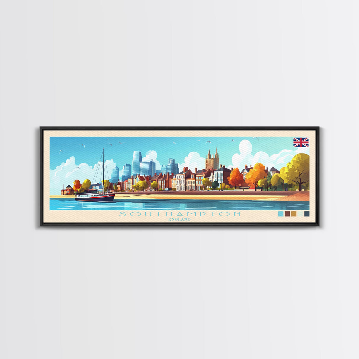 Panoramic Travel Poster Southampton, England Canvas Print, Southampton, England Painting, England Art, Southampton Travel Art, Guest Room Painting