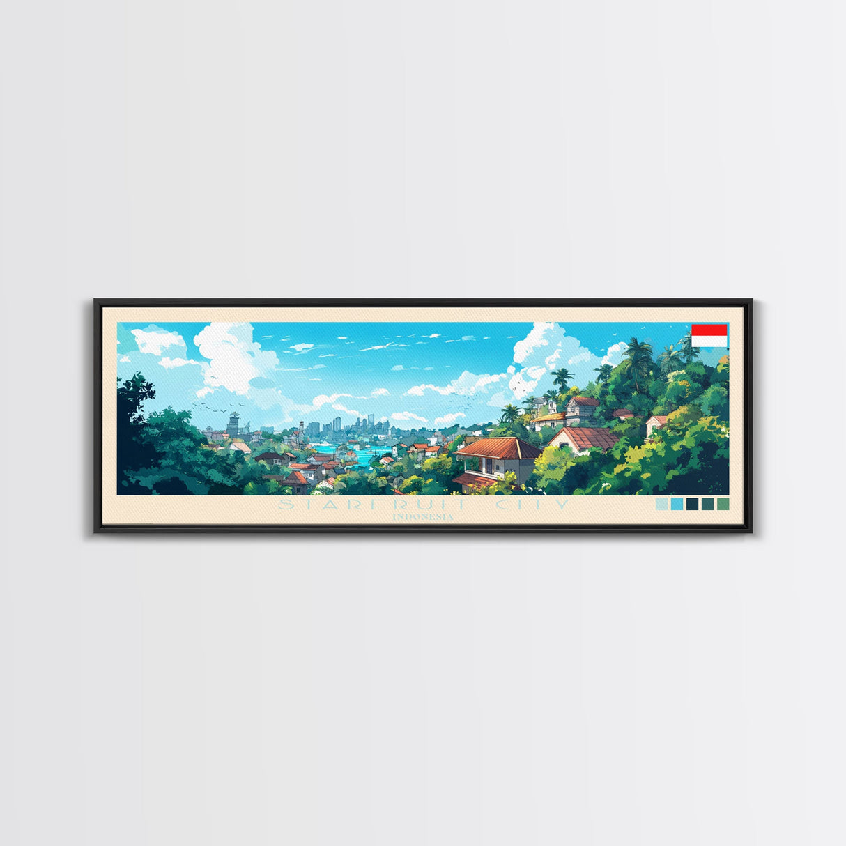 Starfruit City, Indonesia Panoramic Travel Poster Canvas Print, Starfruit City, Indonesia Painting, Indonesia Art, Starfruit City Panoramic Travel Art, Travel Painting