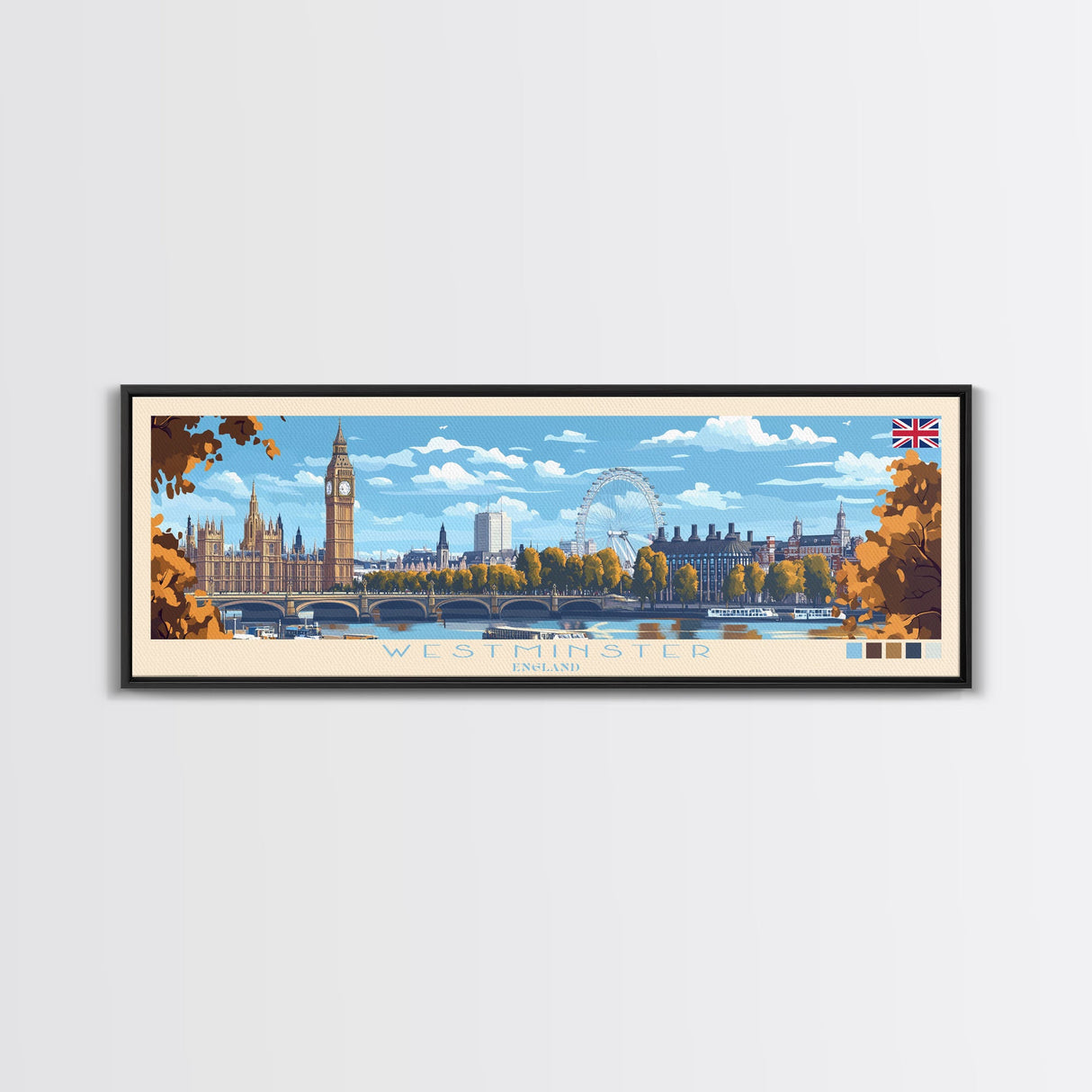 Westminster, England Panoramic Travel Poster Canvas Print, Westminster, England Painting, England Art, Westminster Travel Art, Living Room Painting