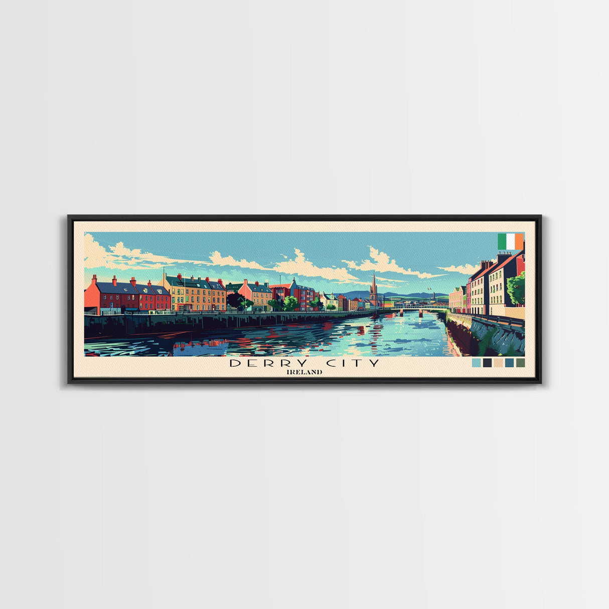 Derry City, Ireland Panoramic Canvas Print, Derry City, Ireland Painting, Ireland Art, Derry City Travel Poster, Travel Art, Living Room Painting