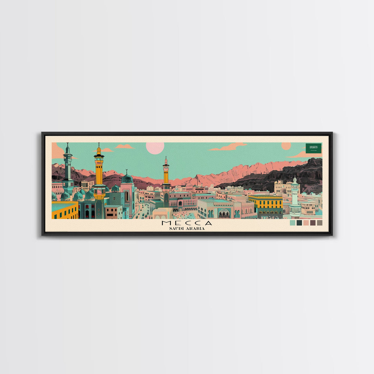 Mecca, Saudi Arabia Panoramic Canvas Print, Mecca, Saudi Arabia Painting, Saudi Arabia Art, Mecca Travel Poster, Travel Art, Guest Room Painting