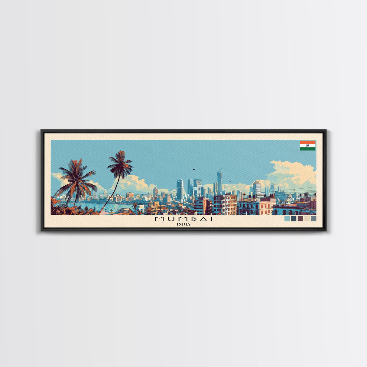 Mumbai, India Panoramic Canvas Print, Mumbai, India Painting, India Art, Mumbai Travel Poster, Travel Art, Guest Room Painting