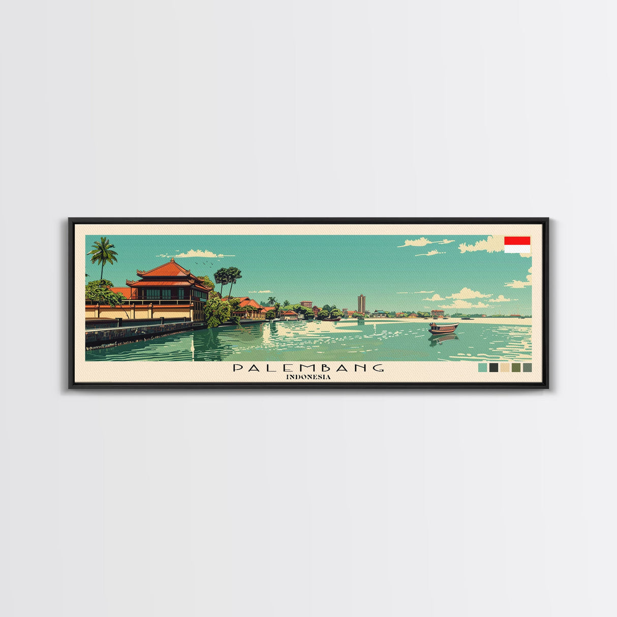 Palembang, Indonesia Panoramic Canvas Print, Palembang, Indonesia Painting, Indonesia Art, Palembang Travel Poster, Travel Art, Guest Room Painting