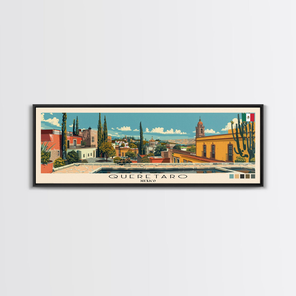 Queretaro, Mexico Panoramic Canvas Print, Queretaro, Mexico Painting, Mexico Art, Queretaro Travel Poster, Travel Art, Living Room Painting